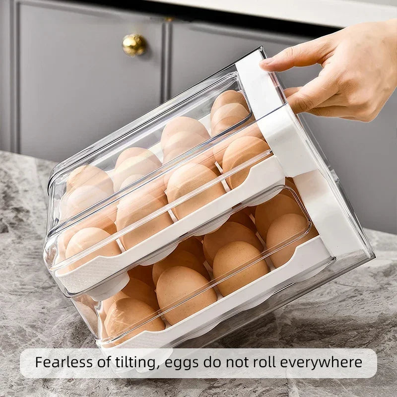 Luxury Double-Tier Refrigerator Egg Organizer – 32 Slot Sliding Drawer Egg Storage for Modern Kitchens