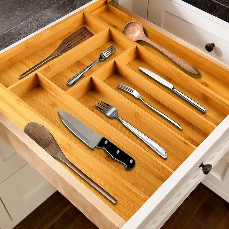 Expandable Bamboo Cutlery Drawer Organizer – Adjustable Kitchen Tray