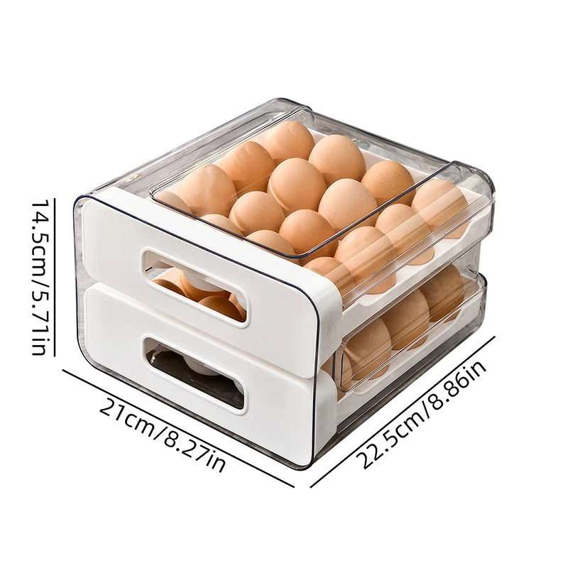 Luxury Double-Tier Refrigerator Egg Organizer – 32 Slot Sliding Drawer Egg Storage for Modern Kitchens