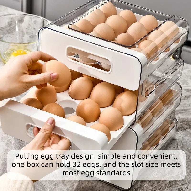 Luxury Double-Tier Refrigerator Egg Organizer – 32 Slot Sliding Drawer Egg Storage for Modern Kitchens