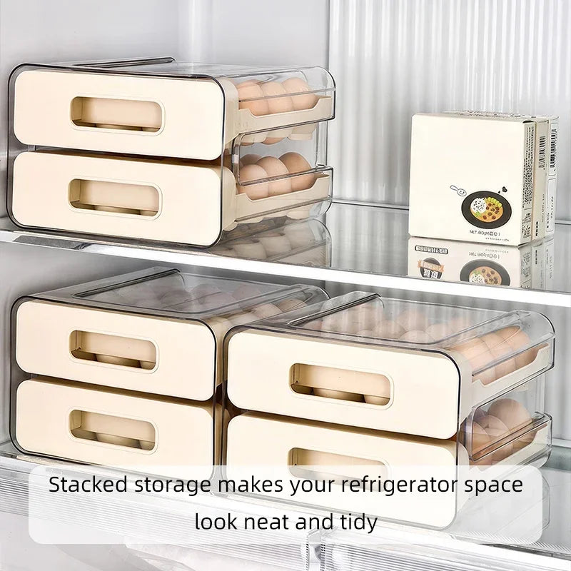 Luxury Double-Tier Refrigerator Egg Organizer – 32 Slot Sliding Drawer Egg Storage for Modern Kitchens