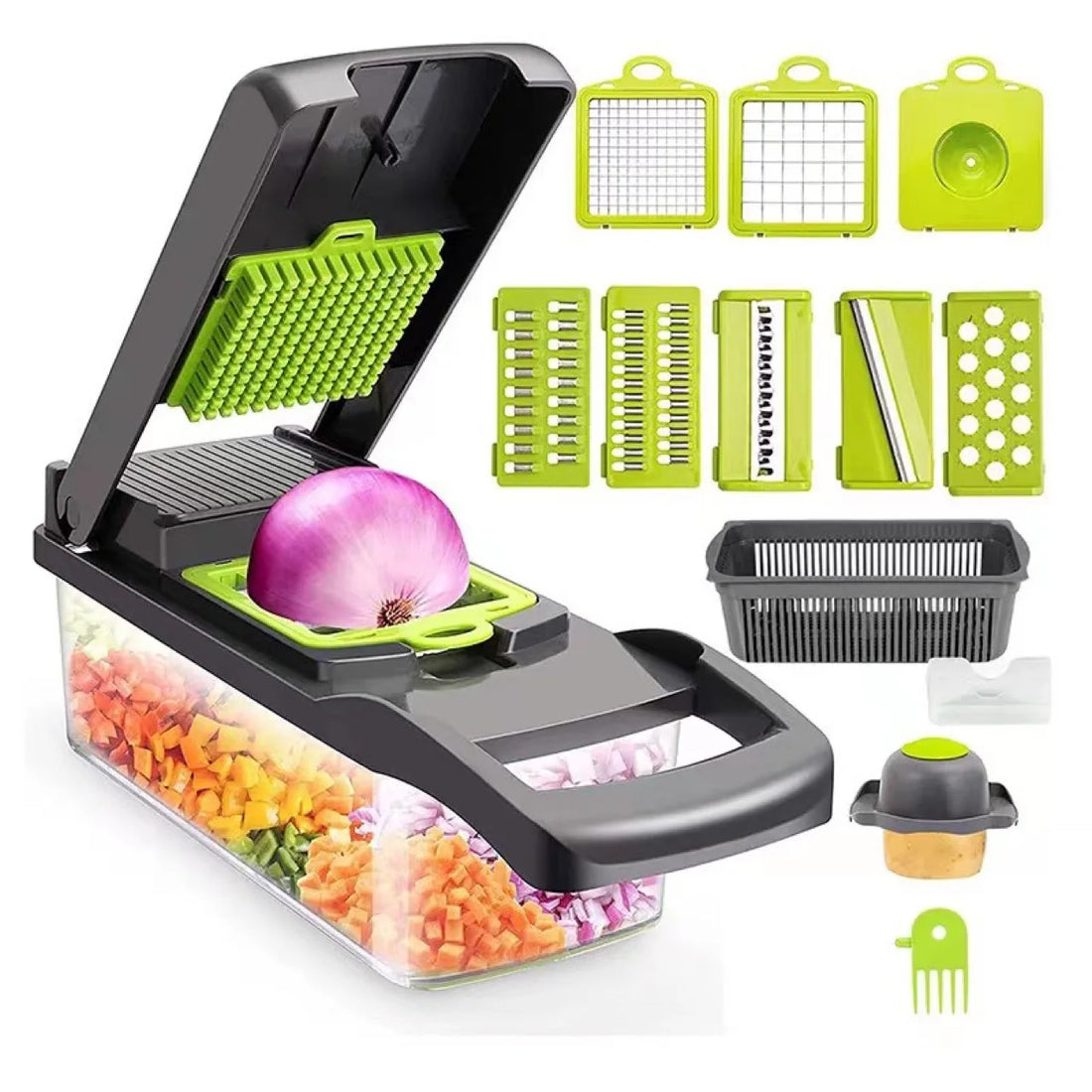 16-in-1 Multifunction Vegetable Chopper &amp; Mandoline Slicer – All-in-One Kitchen Cutting Tool with Interchangeable Blades, Onion Dicer, Food Slicer &amp; Prep Container