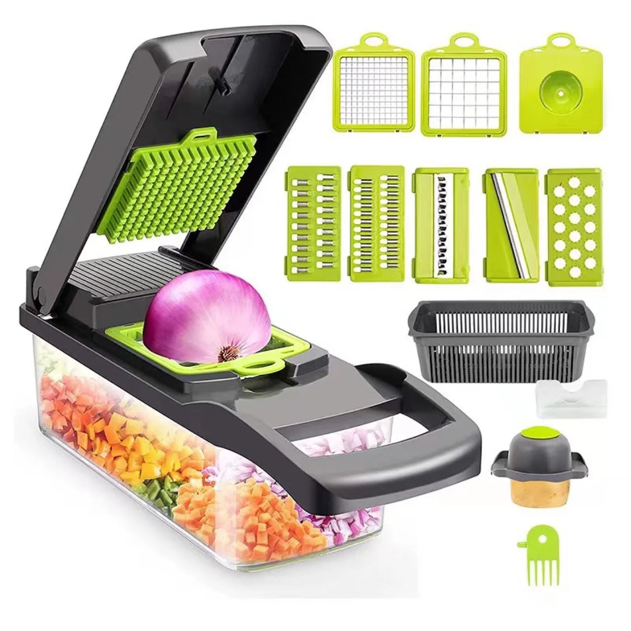 16-in-1 Multifunction Vegetable Chopper &amp; Mandoline Slicer – All-in-One Kitchen Cutting Tool with Interchangeable Blades, Onion Dicer, Food Slicer &amp; Prep Container