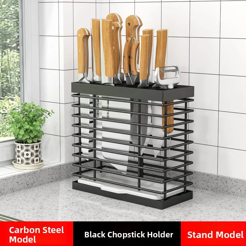 Kitchen Knife Rack Storage Holder - Carbon Steel • Wall-Mounted or Freestanding • No Drilling Required
