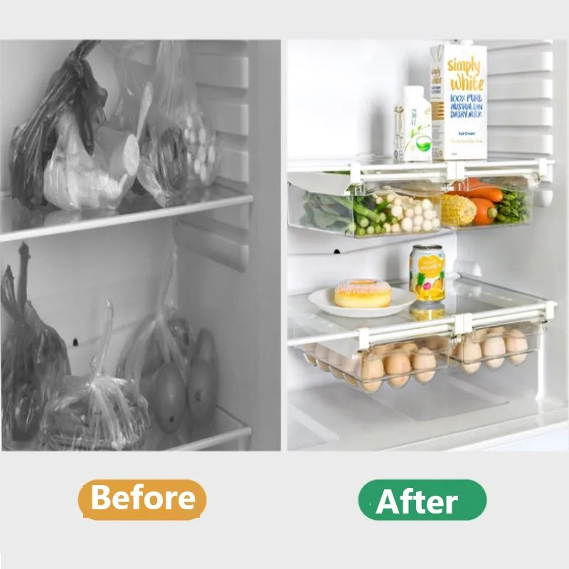 Clear Plastic Refrigerator Drawer Storage Box – Slide-Under Shelf Egg &amp; Fruit Organizer, Space-Saving Kitchen Food Container