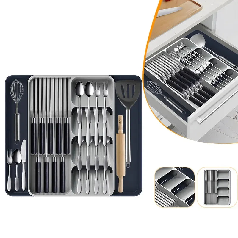 Expandable Silverware Organizer with Knife Holder | Non-Slip Drawer Tray