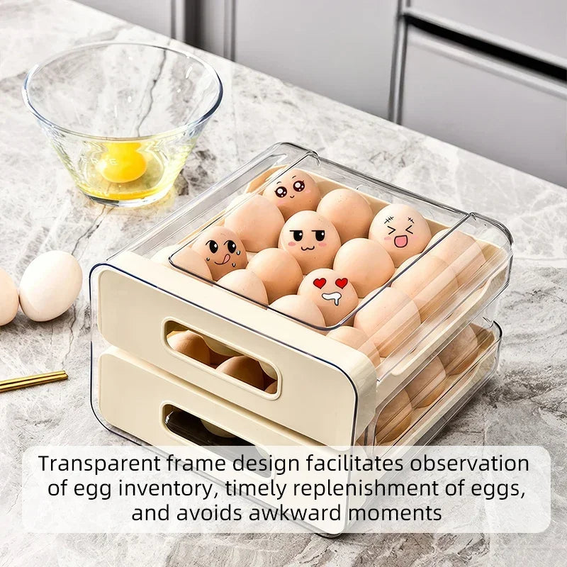 Luxury Double-Tier Refrigerator Egg Organizer – 32 Slot Sliding Drawer Egg Storage for Modern Kitchens