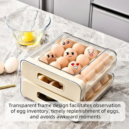 Luxury Double-Tier Refrigerator Egg Organizer – 32 Slot Sliding Drawer Egg Storage for Modern Kitchens