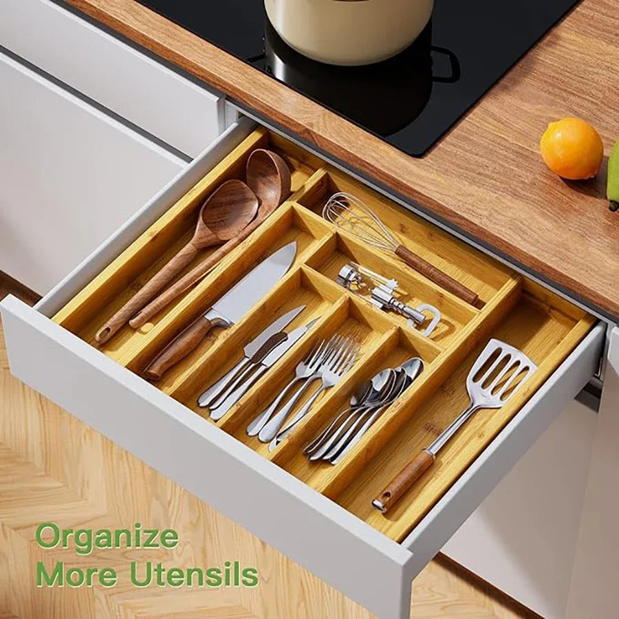 Expandable Bamboo Cutlery Drawer Organizer – Adjustable Kitchen Tray