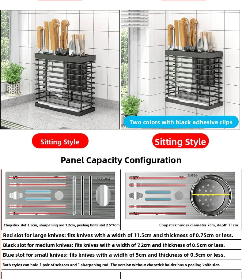 Kitchen Knife Rack Storage Holder - Carbon Steel • Wall-Mounted or Freestanding • No Drilling Required