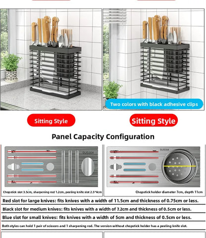 Kitchen Knife Rack Storage Holder - Carbon Steel • Wall-Mounted or Freestanding • No Drilling Required