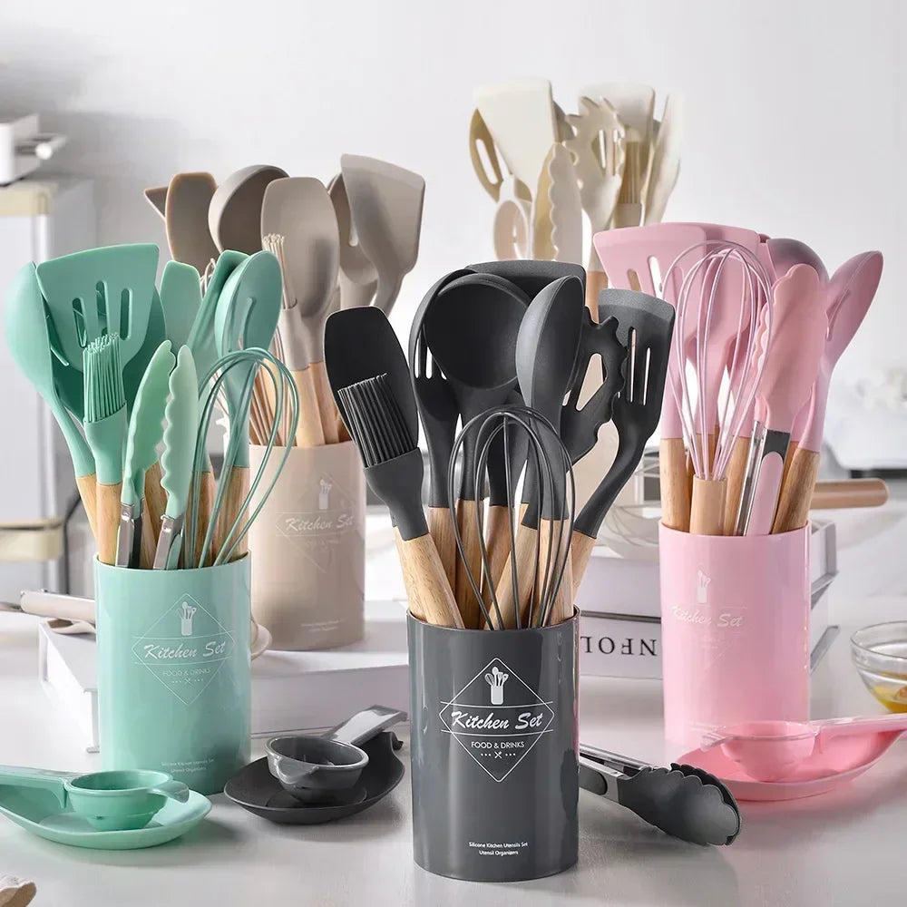 Premium Silicone Kitchen Utensil Set – 12-Piece Cooking Tools with Holder