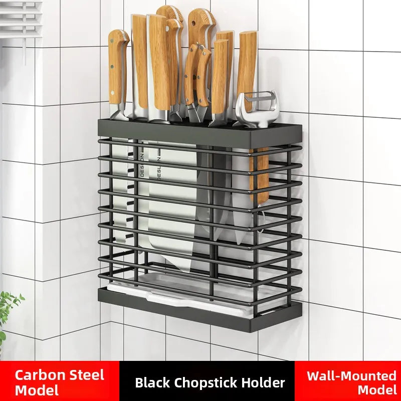 Kitchen Knife Ra Storage Holder Carbon Steel One-Piece Design Wall-Mounted No-Drilling Required for Chopstis And Utensils