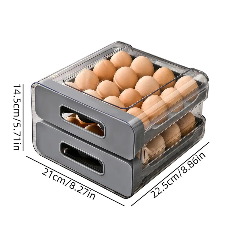 Luxury Double-Tier Refrigerator Egg Organizer – 32 Slot Sliding Drawer Egg Storage for Modern Kitchens