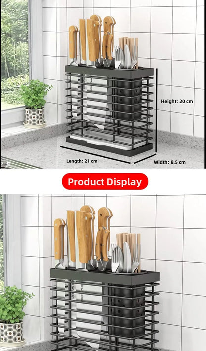 Kitchen Knife Rack Storage Holder - Carbon Steel • Wall-Mounted or Freestanding • No Drilling Required