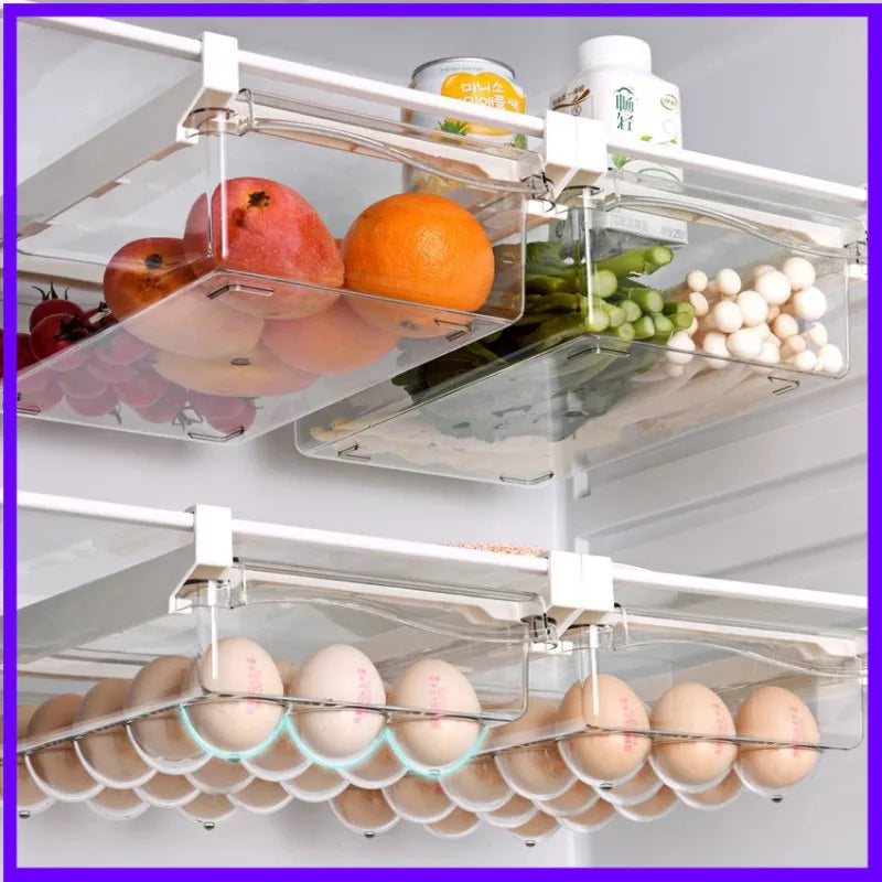 Clear Plastic Refrigerator Drawer Storage Box – Slide-Under Shelf Egg &amp; Fruit Organizer, Space-Saving Kitchen Food Container