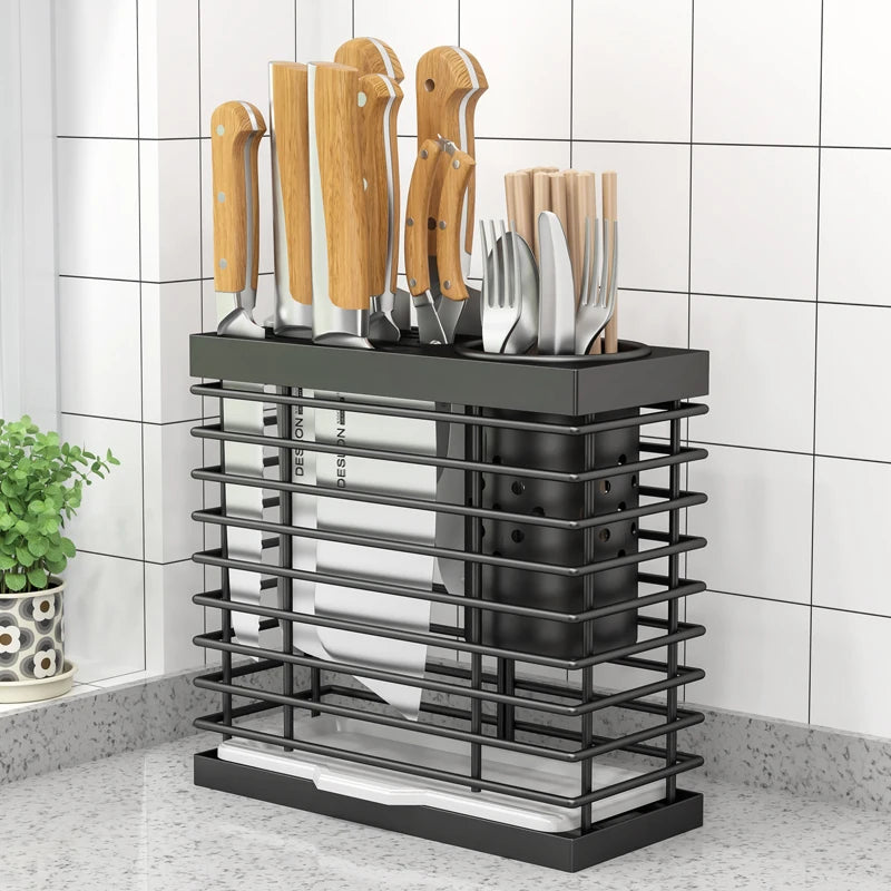 Kitchen Knife Rack Storage Holder - Carbon Steel • Wall-Mounted or Freestanding • No Drilling Required
