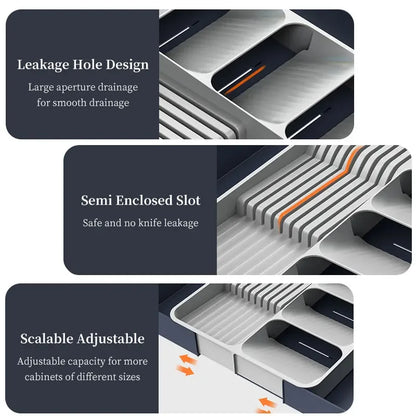 Expandable Silverware Organizer with Knife Holder | Non-Slip Drawer Tray