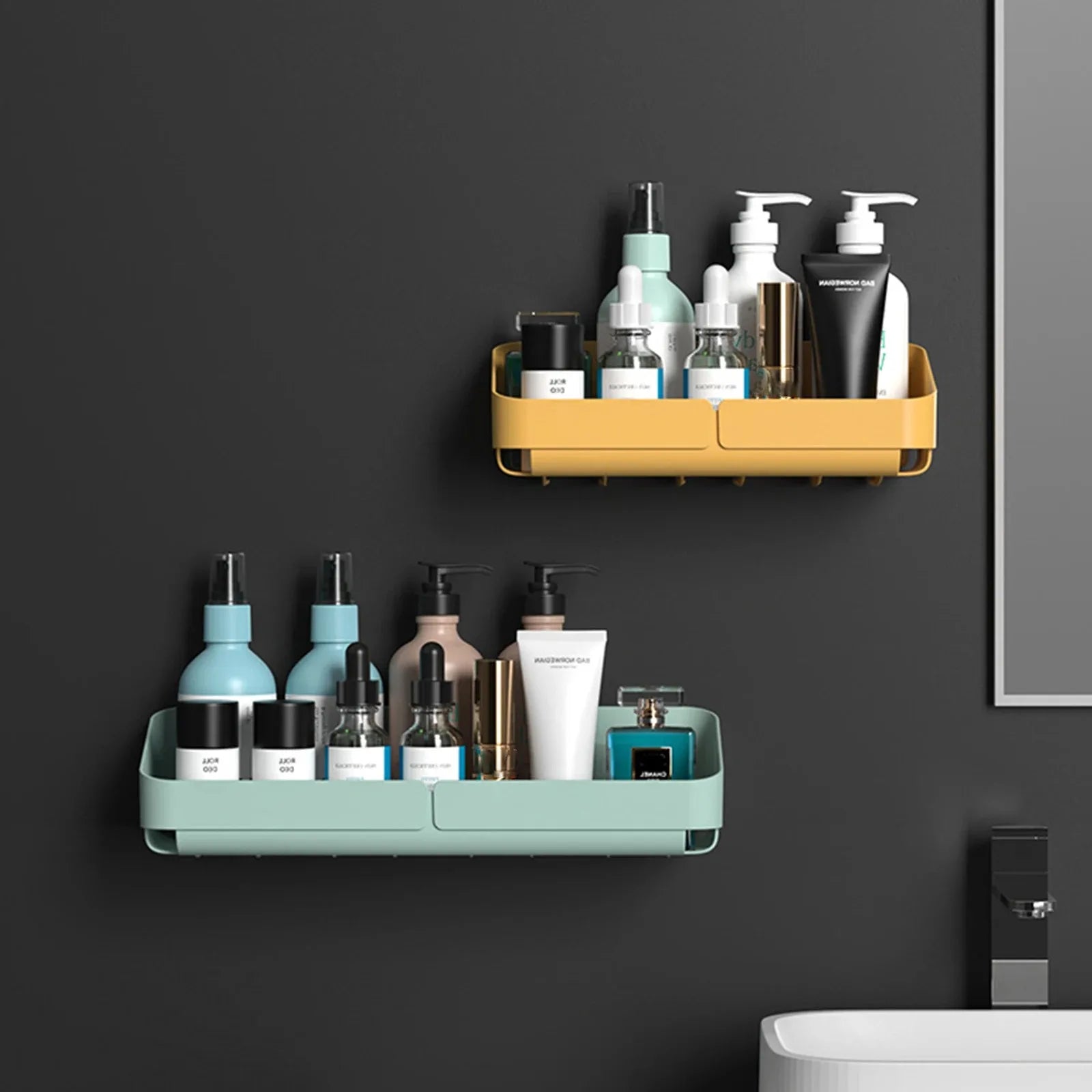 NOVAPRIME™ Wall-Mounted No-Drill Convenience Rack – Bathroom &amp; Kitchen Storage Shelf for Shampoo, Cosmetics, Spices &amp; Accessories