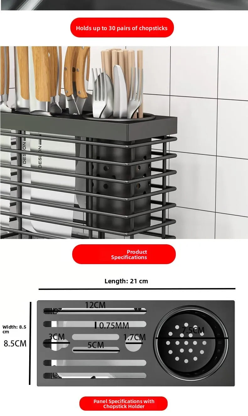 Kitchen Knife Ra Storage Holder Carbon Steel One-Piece Design Wall-Mounted No-Drilling Required for Chopstis And Utensils