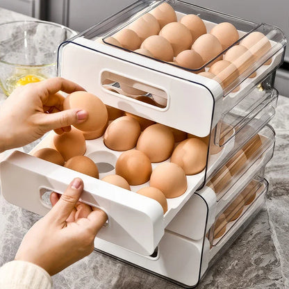 Luxury Double-Tier Refrigerator Egg Organizer – 32 Slot Sliding Drawer Egg Storage for Modern Kitchens
