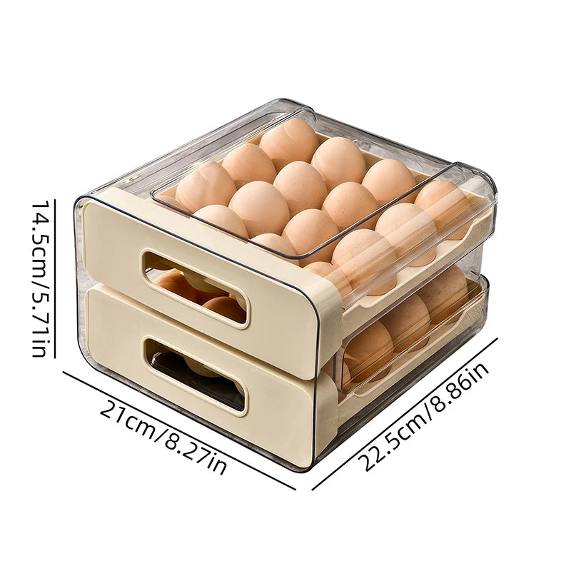 Luxury Double-Tier Refrigerator Egg Organizer – 32 Slot Sliding Drawer Egg Storage for Modern Kitchens