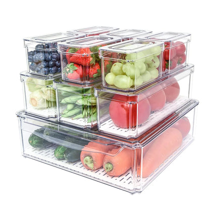 Stackable food storage containers with fruits and vegetables on a white background