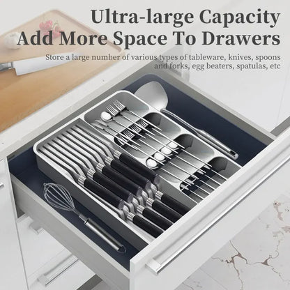 Expandable Silverware Organizer with Knife Holder | Non-Slip Drawer Tray