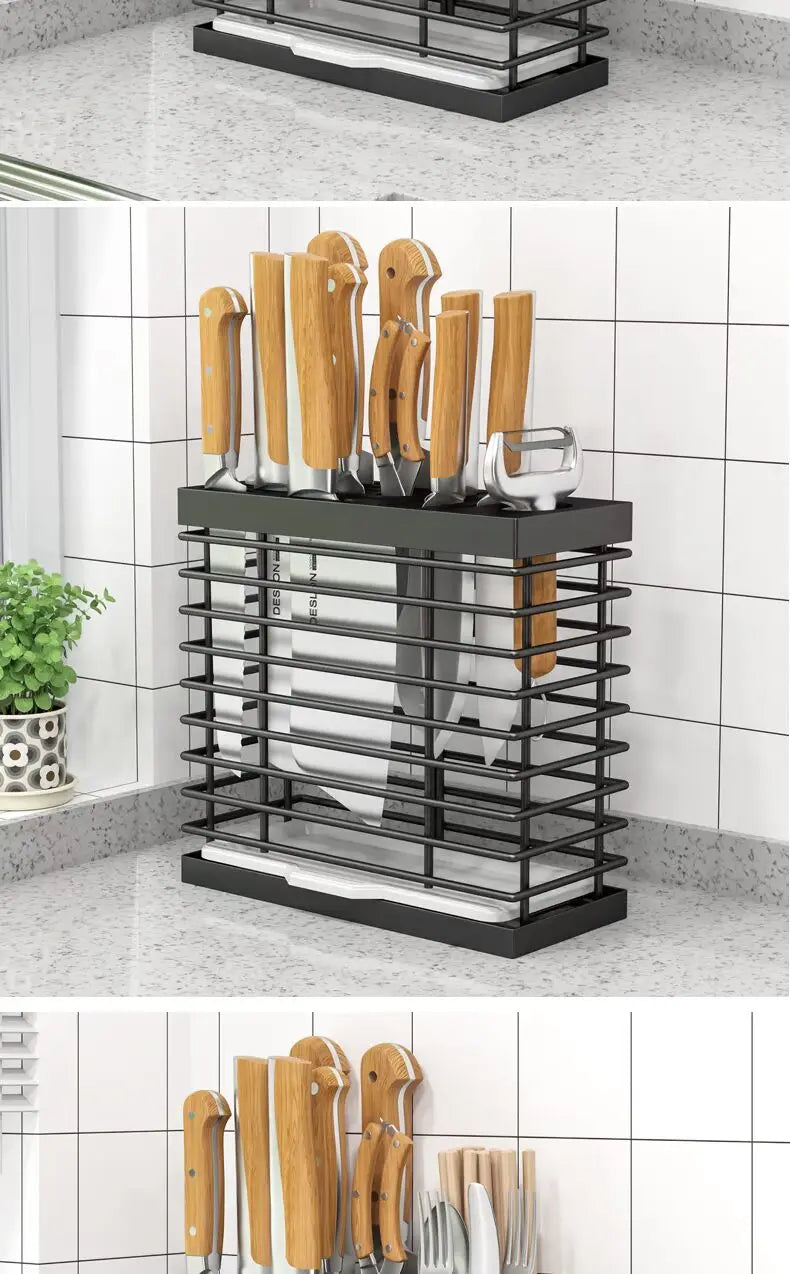 Kitchen Knife Ra Storage Holder Carbon Steel One-Piece Design Wall-Mounted No-Drilling Required for Chopstis And Utensils