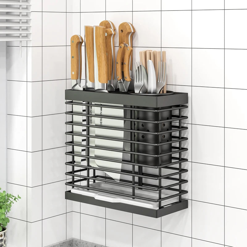 Kitchen Knife Ra Storage Holder Carbon Steel One-Piece Design Wall-Mounted No-Drilling Required for Chopstis And Utensils