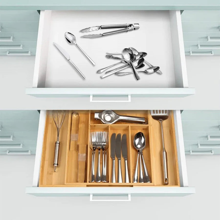 Expandable Bamboo Cutlery Drawer Organizer – Adjustable Kitchen Tray