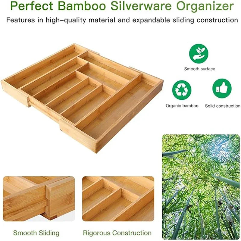 Expandable Bamboo Cutlery Drawer Organizer – Adjustable Kitchen Tray