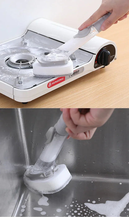 Automatic Dish Soap Dispensing Brush with Long Handle – Built-In Liquid Dispenser, Non-Scratch Nylon Scrubber for Dishes, Pots, Pans &amp; Kitchen Cleaning