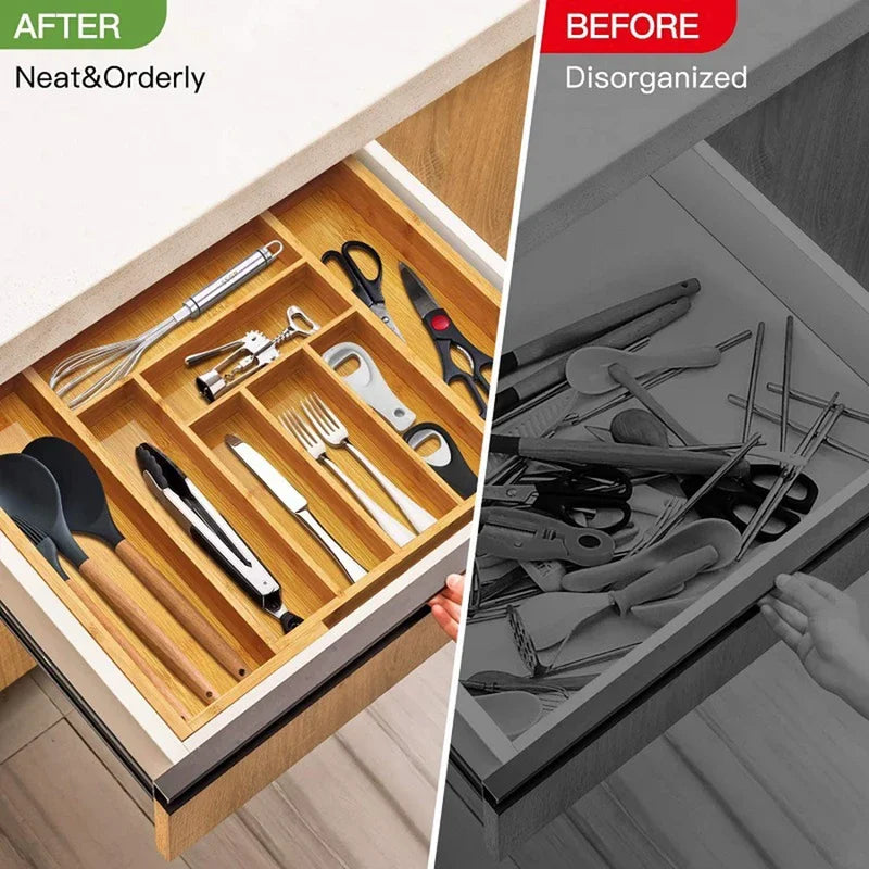 Expandable Bamboo Cutlery Drawer Organizer – Adjustable Kitchen Tray