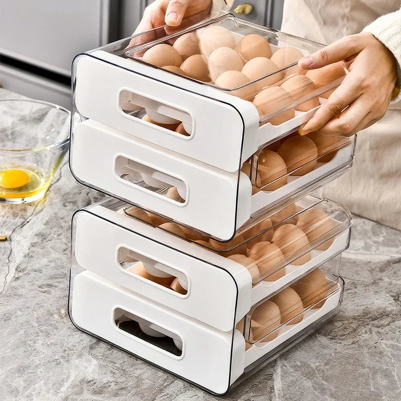 Luxury Double-Tier Refrigerator Egg Organizer – 32 Slot Sliding Drawer Egg Storage for Modern Kitchens